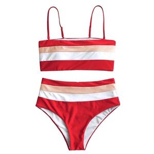 Red and White Striped Bikini Set